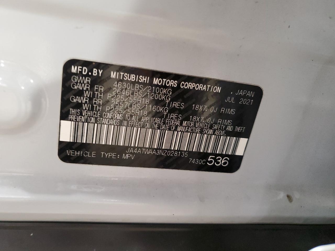 2022 Mitsubishi Eclipse VIN JA4ATWAA3NZ028135 Copart auction photo, front end damage thumbnail 13