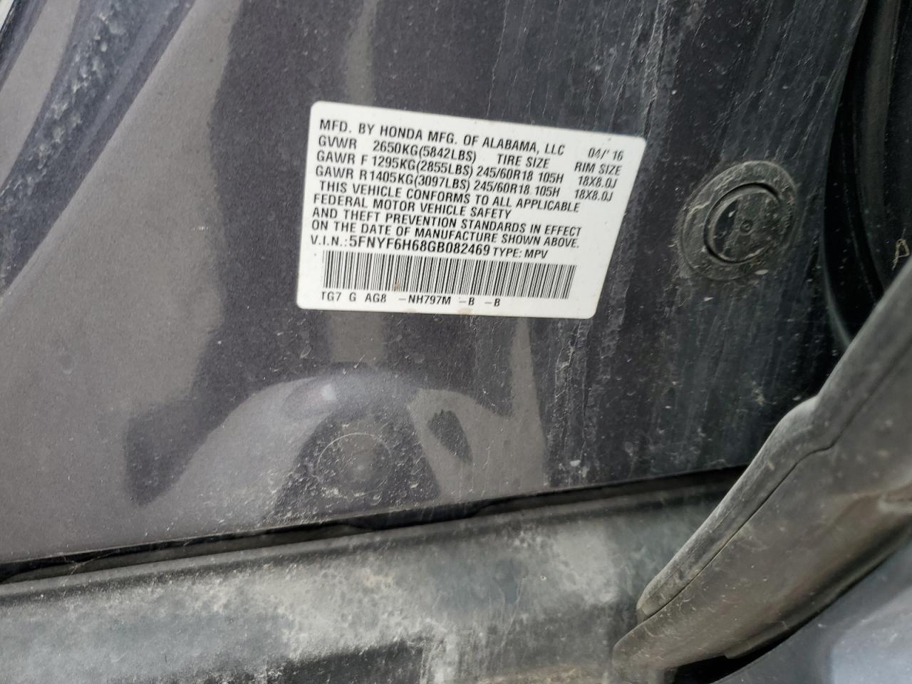 2016 Honda Pilot VIN 5FNYF6H68GB082469 Copart auction photo, all over damage thumbnail 12