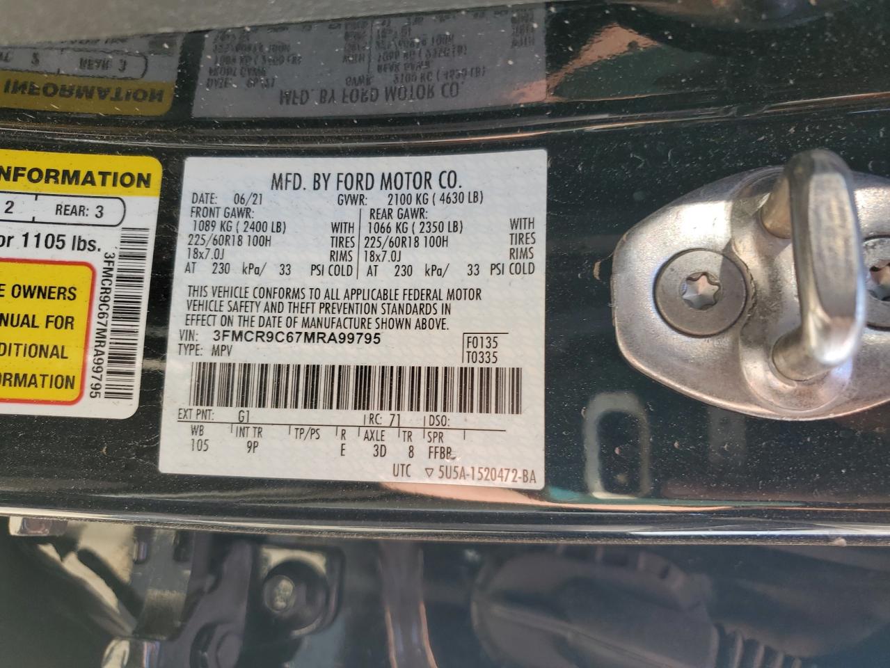 2021 Ford Bronco VIN 3FMCR9C67MRA99795 Copart auction photo, front end / side damage thumbnail 14