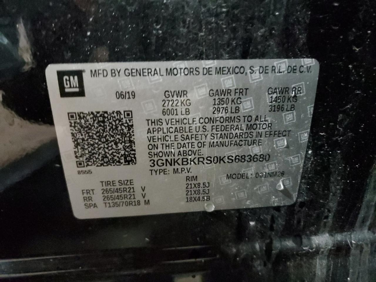 2019 Chevrolet Blazer VIN 3GNKBKRS0KS683680 Copart auction photo, mechanical / stripped damage thumbnail 14