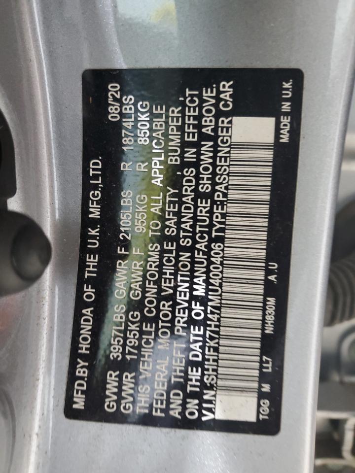 2021 Honda Civic VIN SHHFK7H47MU400406 Copart auction photo, front end / side damage thumbnail 12