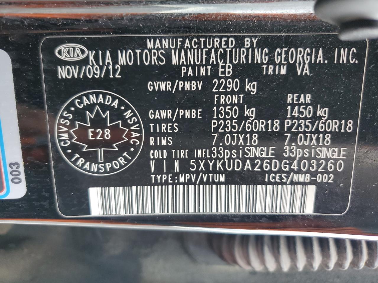 2013 KIA Sorento VIN 5XYKUDA26DG403260 Copart auction photo, front end / minor dent/scratches damage thumbnail 13