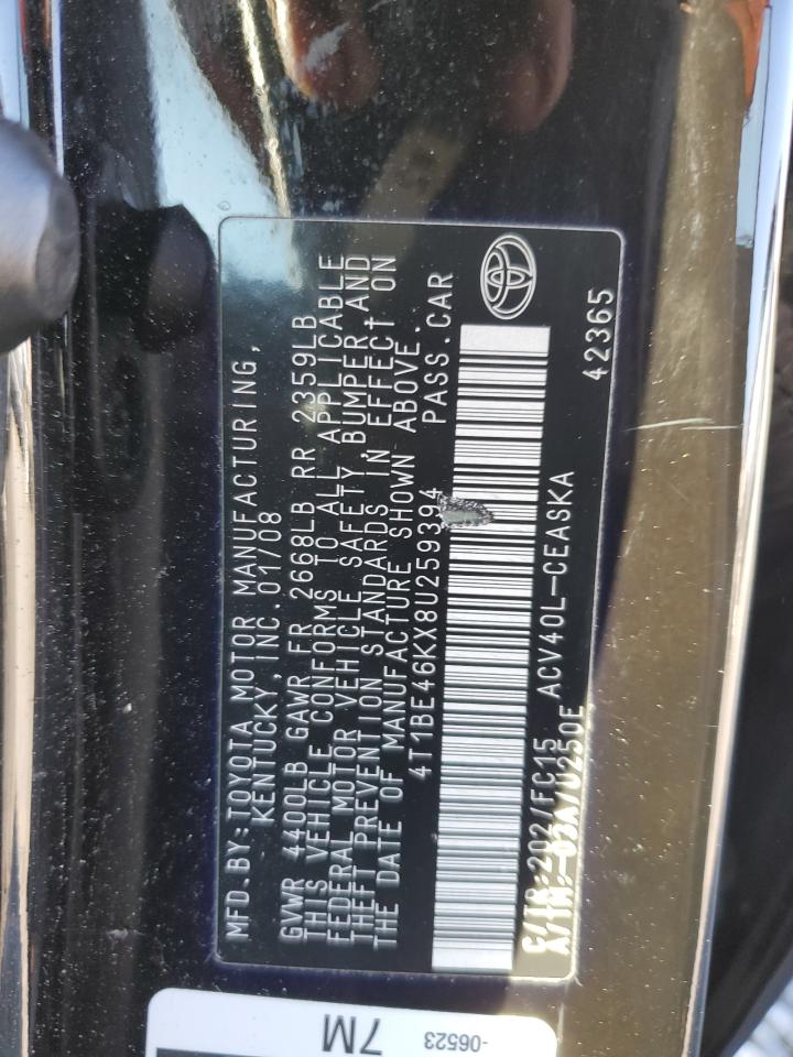2008 Toyota Camry VIN 4T1BE46KX8U259394 Copart auction photo, front end / undercarriage damage thumbnail 12