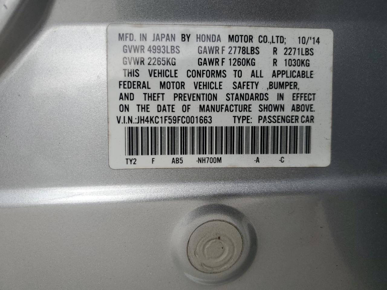 2015 Acura RLX VIN JH4KC1F59FC001663 Copart auction photo, rear end damage thumbnail 15