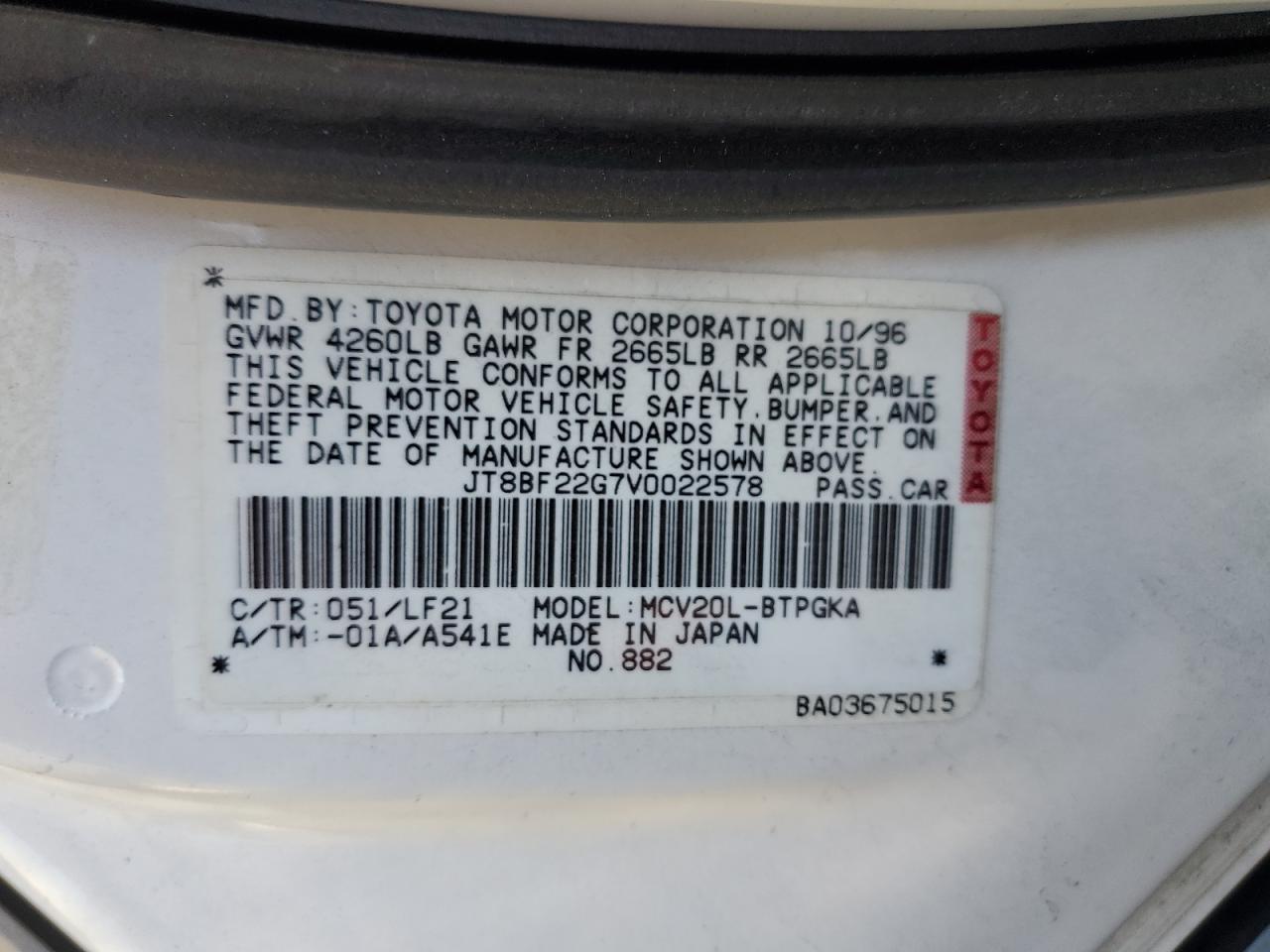 1997 Lexus ES VIN JT8BF22G7V0022578 Copart auction photo, rear end / front end damage thumbnail 12