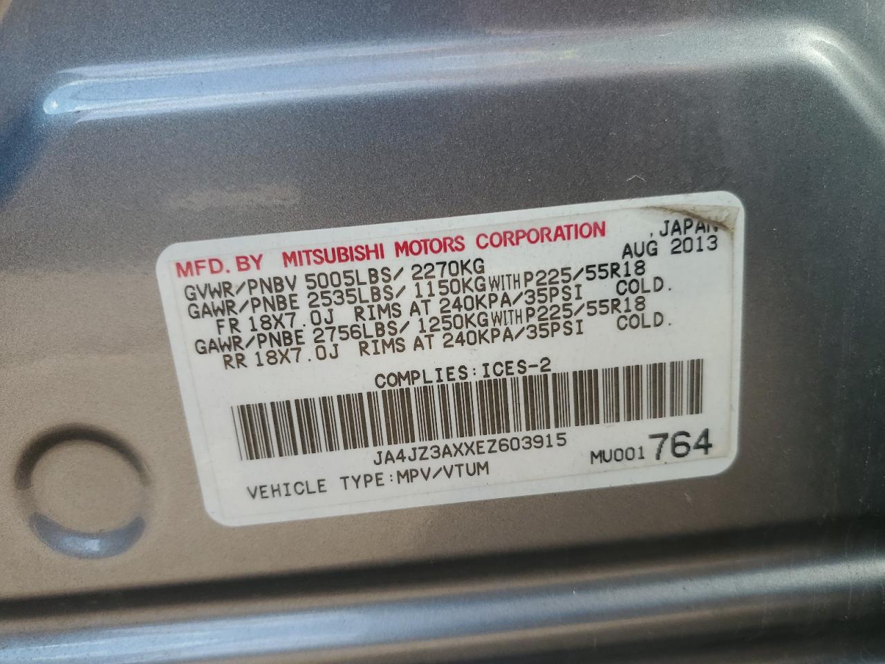 2014 Mitsubishi Outlander VIN JA4JZ3AXXEZ603915 Copart auction photo, rear end damage thumbnail 13