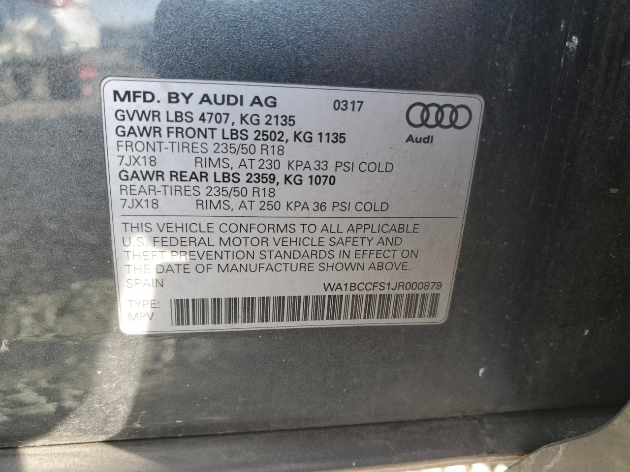 2018 Audi Q3 VIN WA1BCCFS1JR000879 Copart auction photo, vandalism damage thumbnail 13