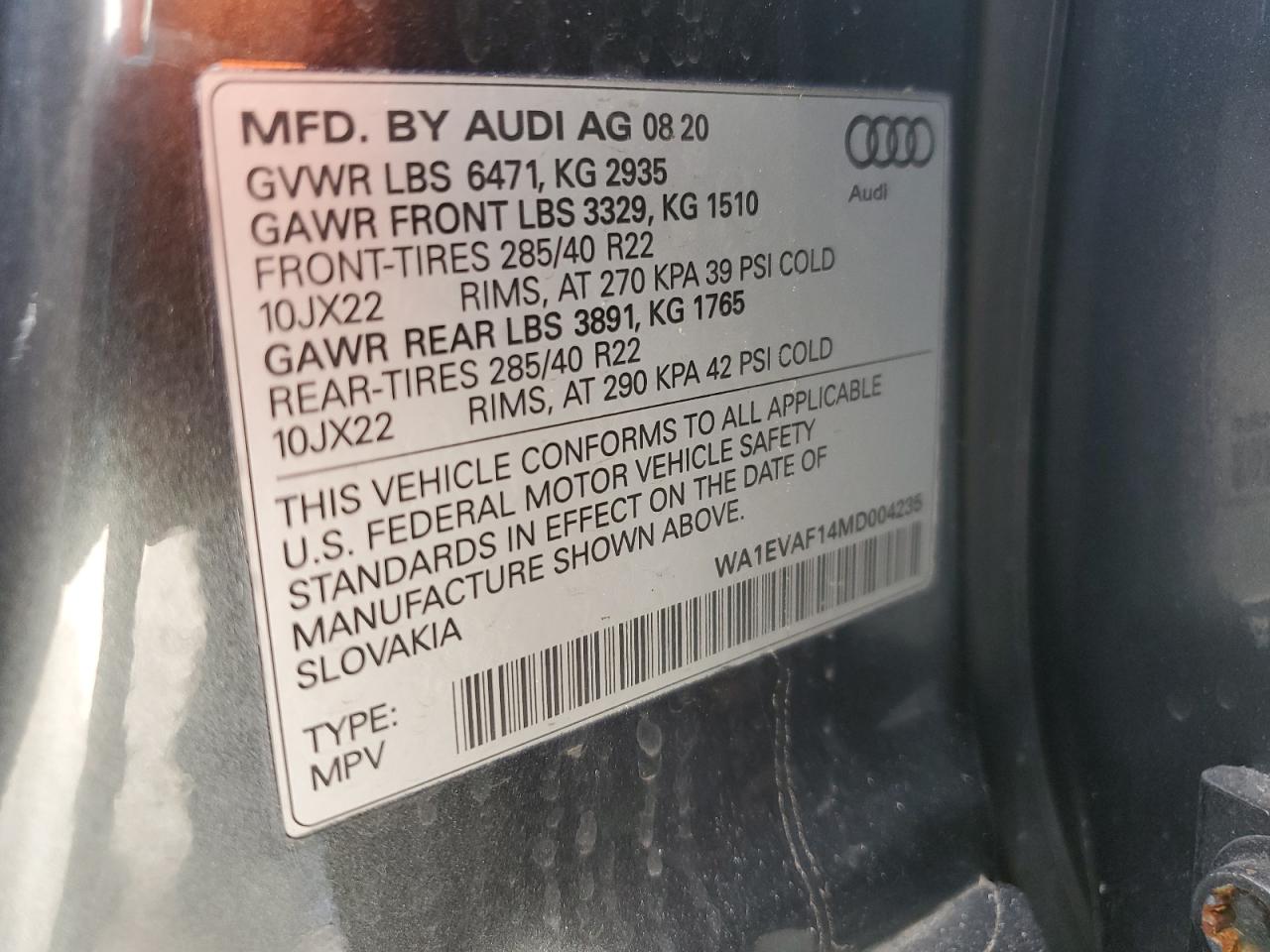 2021 Audi Q8 VIN WA1EVAF14MD004235 Copart auction photo, front end damage thumbnail 13