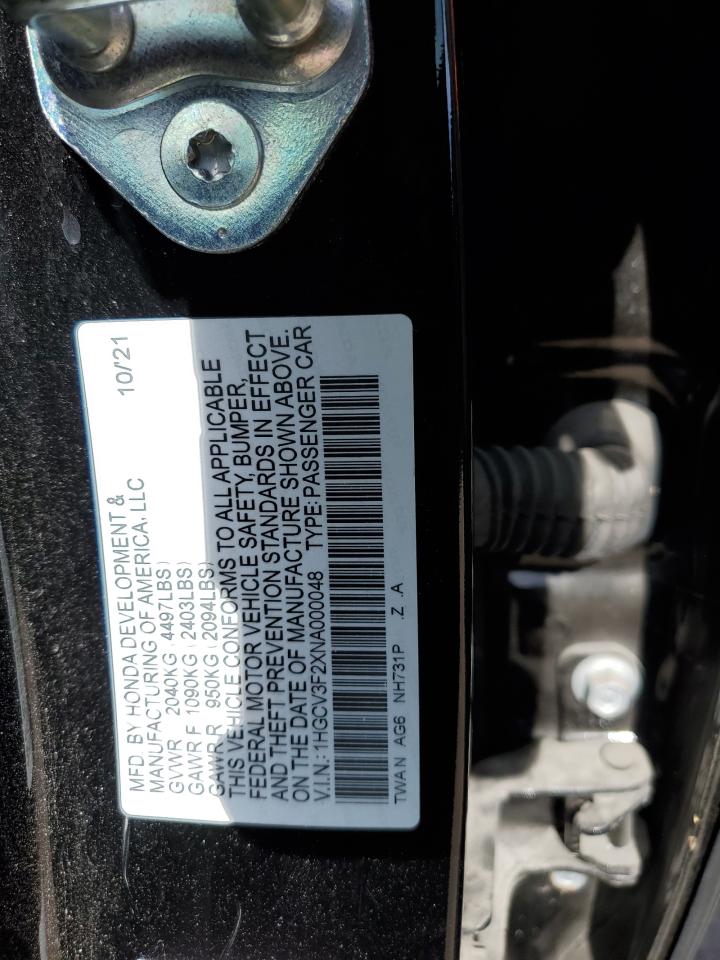 2022 Honda Accord VIN 1HGCV3F2XNA000048 Copart auction photo, front end damage thumbnail 14