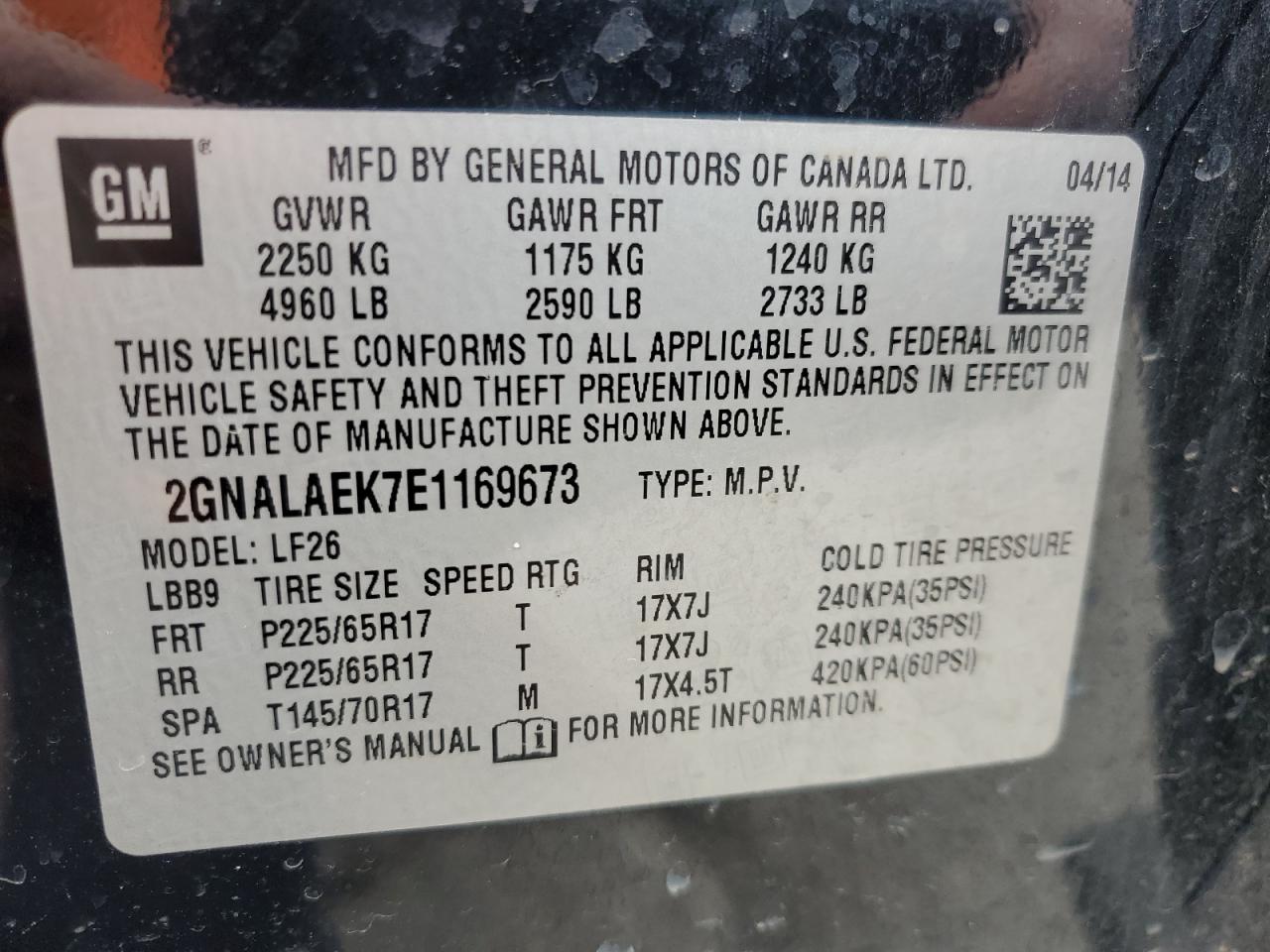 2014 Chevrolet Equinox VIN 2GNALAEK7E1169673 Copart auction photo, front end damage thumbnail 15