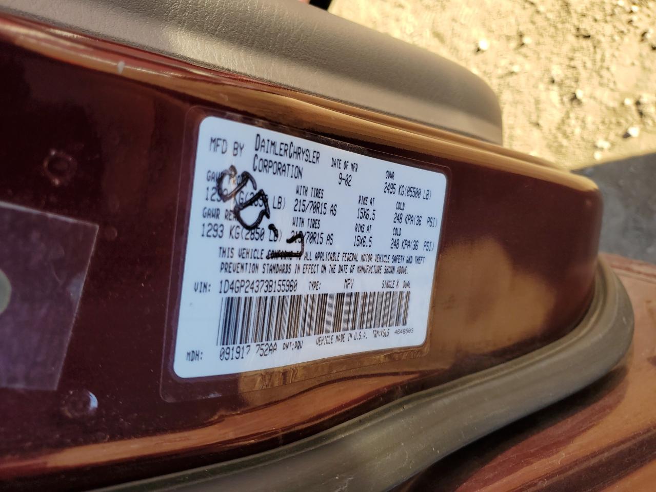 2003 Dodge Caravan VIN 1D4GP24373B155960 Copart auction photo, front end damage thumbnail 15