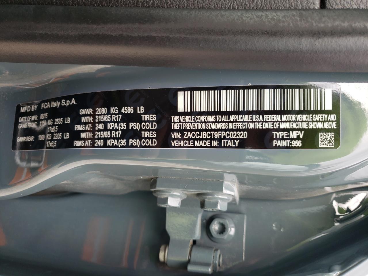 2015 Jeep Renegade VIN ZACCJBCT9FPC02320 Copart auction photo, front end / side damage thumbnail 13