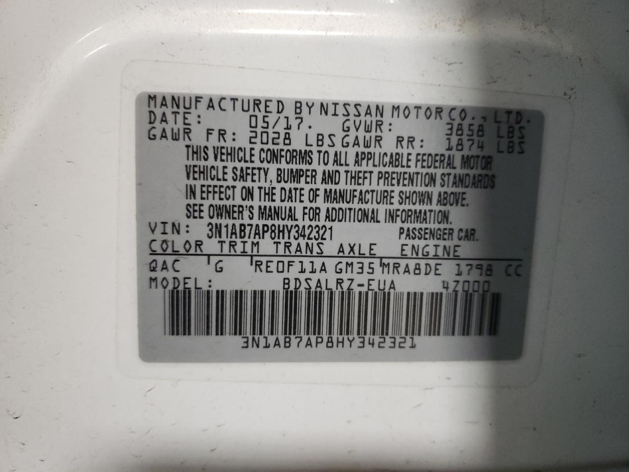 2017 Nissan Sentra VIN 3N1AB7AP8HY342321 Copart auction photo, side damage thumbnail 12