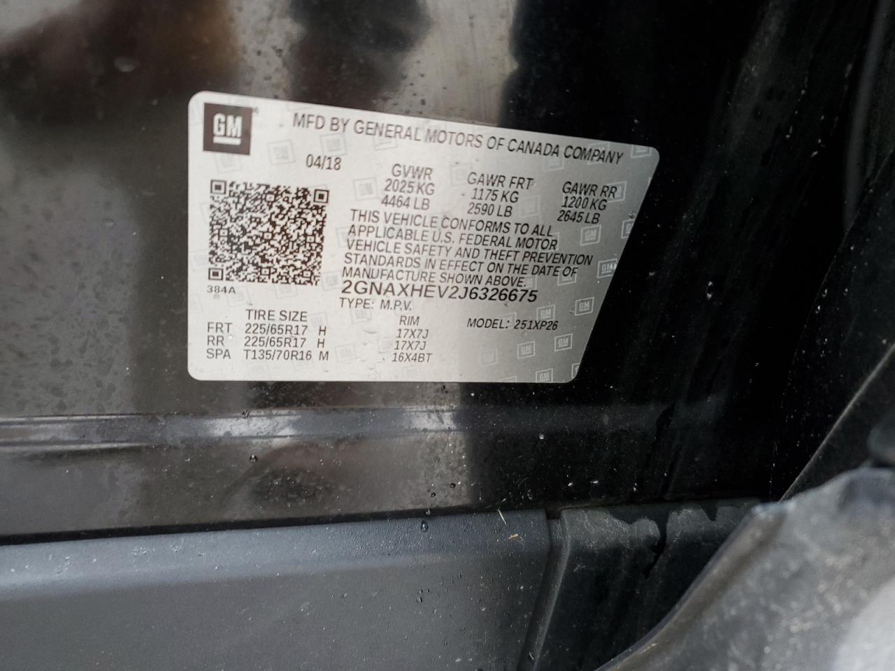 2018 Chevrolet Equinox VIN 2GNAXHEV2J6326675 Copart auction photo, all over damage thumbnail 13