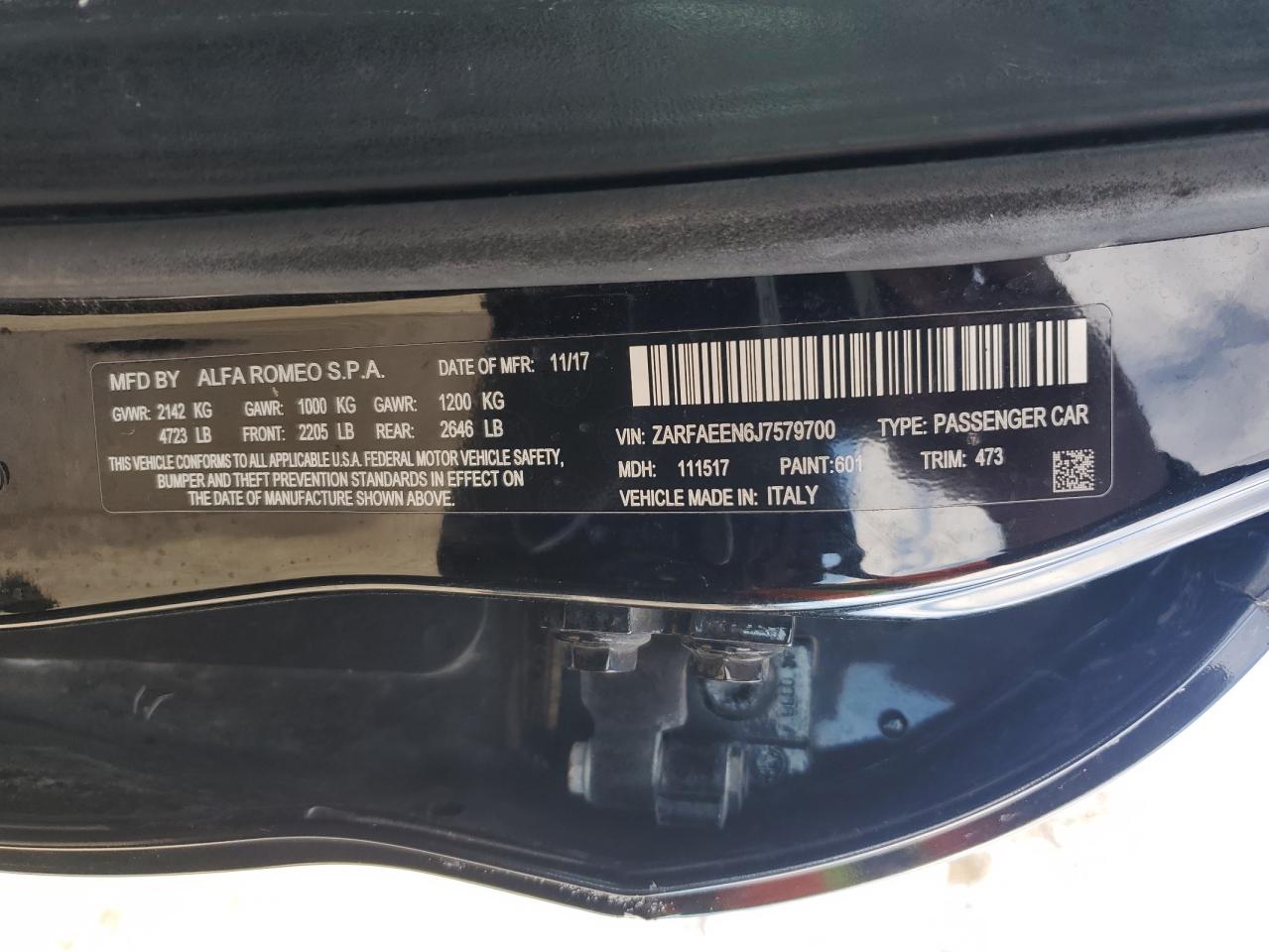 2018 Alfa Romeo Giulia VIN ZARFAEEN6J7579700 Copart auction photo, all over damage thumbnail 14