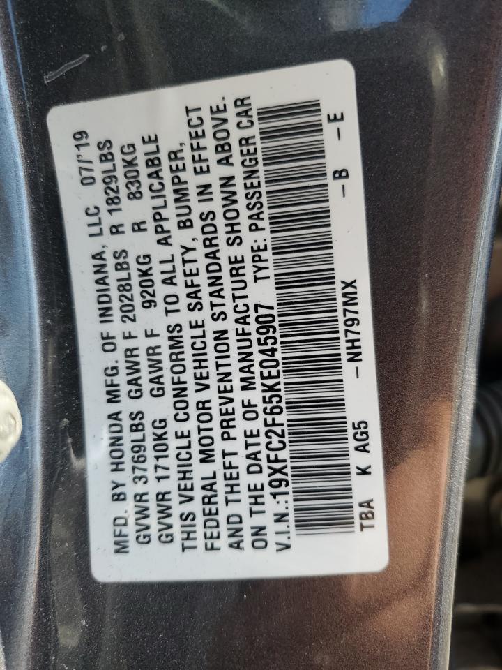 2019 Honda Civic VIN 19XFC2F65KE045907 Copart auction photo, side damage thumbnail 15