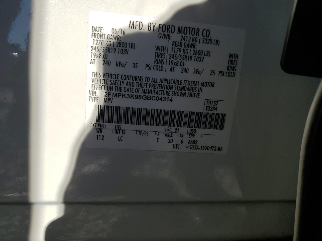 2016 Ford Edge VIN 2FMPK3K98GBC04314 Copart auction photo, rear end damage thumbnail 13