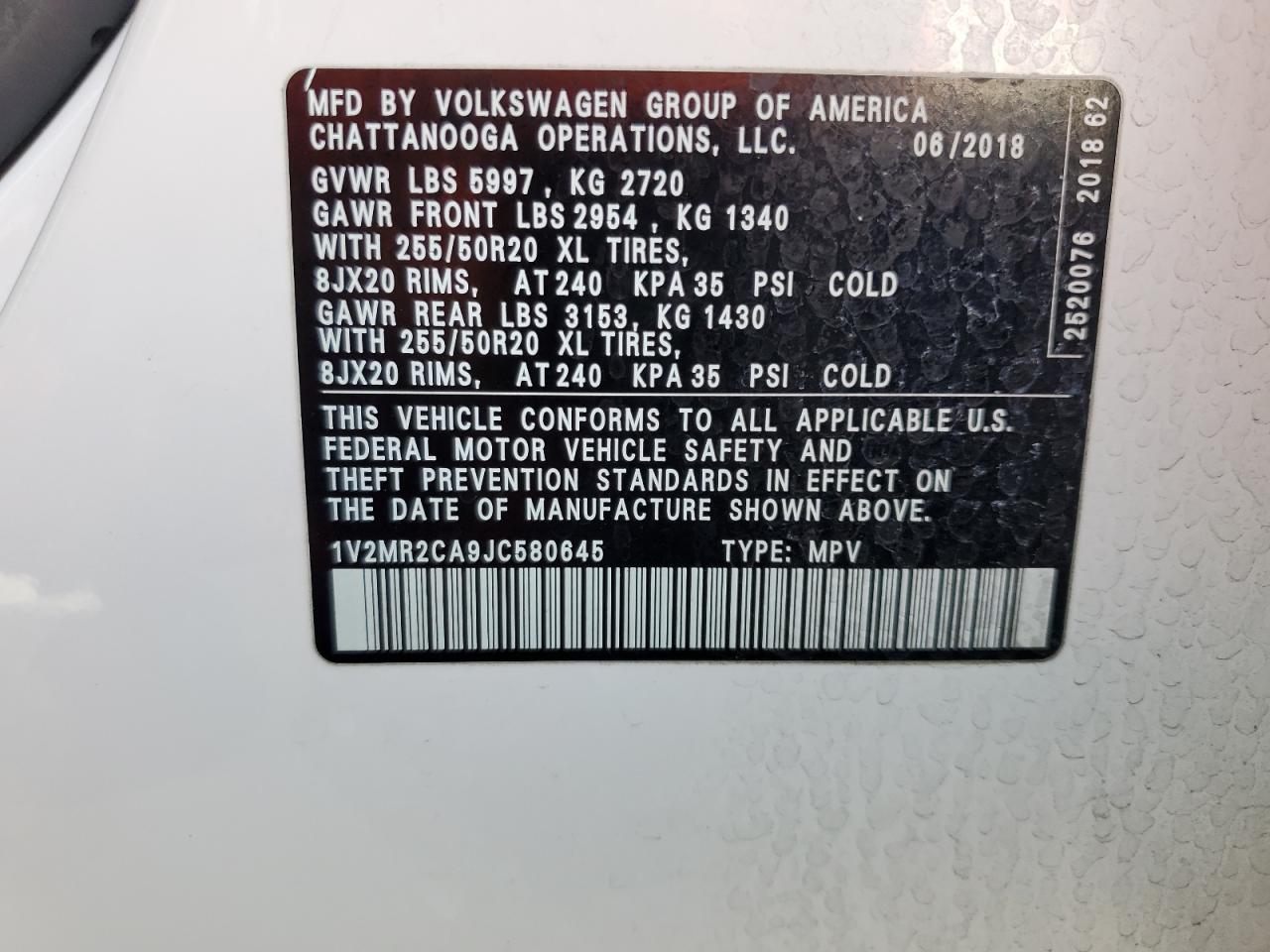 2018 Volkswagen Atlas VIN 1V2MR2CA9JC580645 Copart auction photo, front end damage thumbnail 13