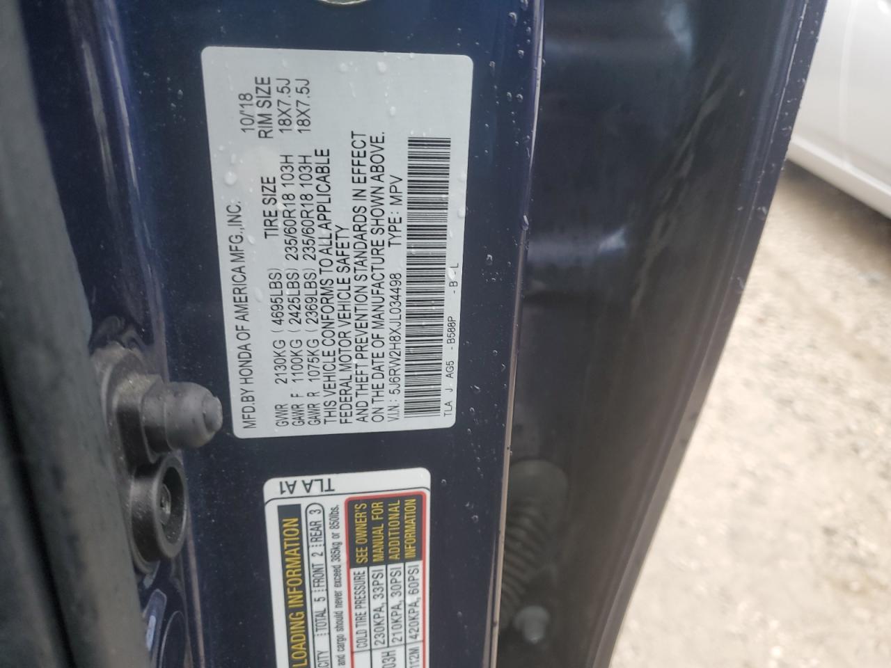 2018 Honda CR-V VIN 5J6RW2H8XJL034498 Copart auction photo, side / rear end damage thumbnail 15