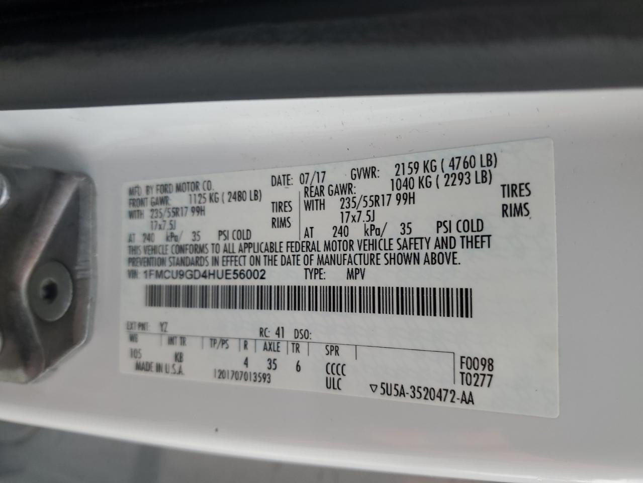 2017 Ford Escape VIN 1FMCU9GD4HUE56002 Copart auction photo, front end damage thumbnail 13