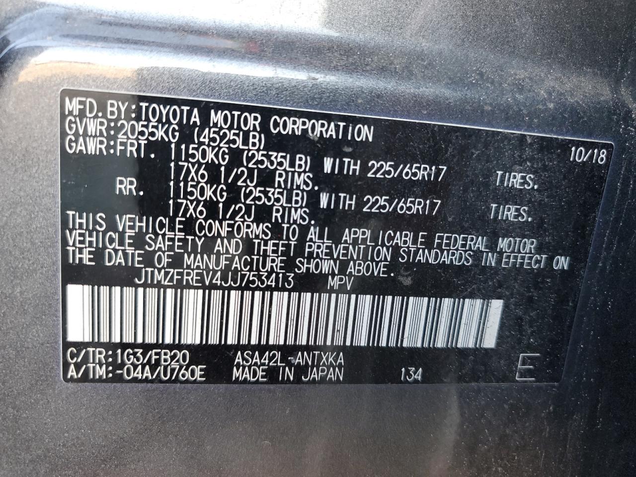 2018 Toyota RAV 4 VIN JTMZFREV4JJ753413 Copart auction photo, all over damage thumbnail 13