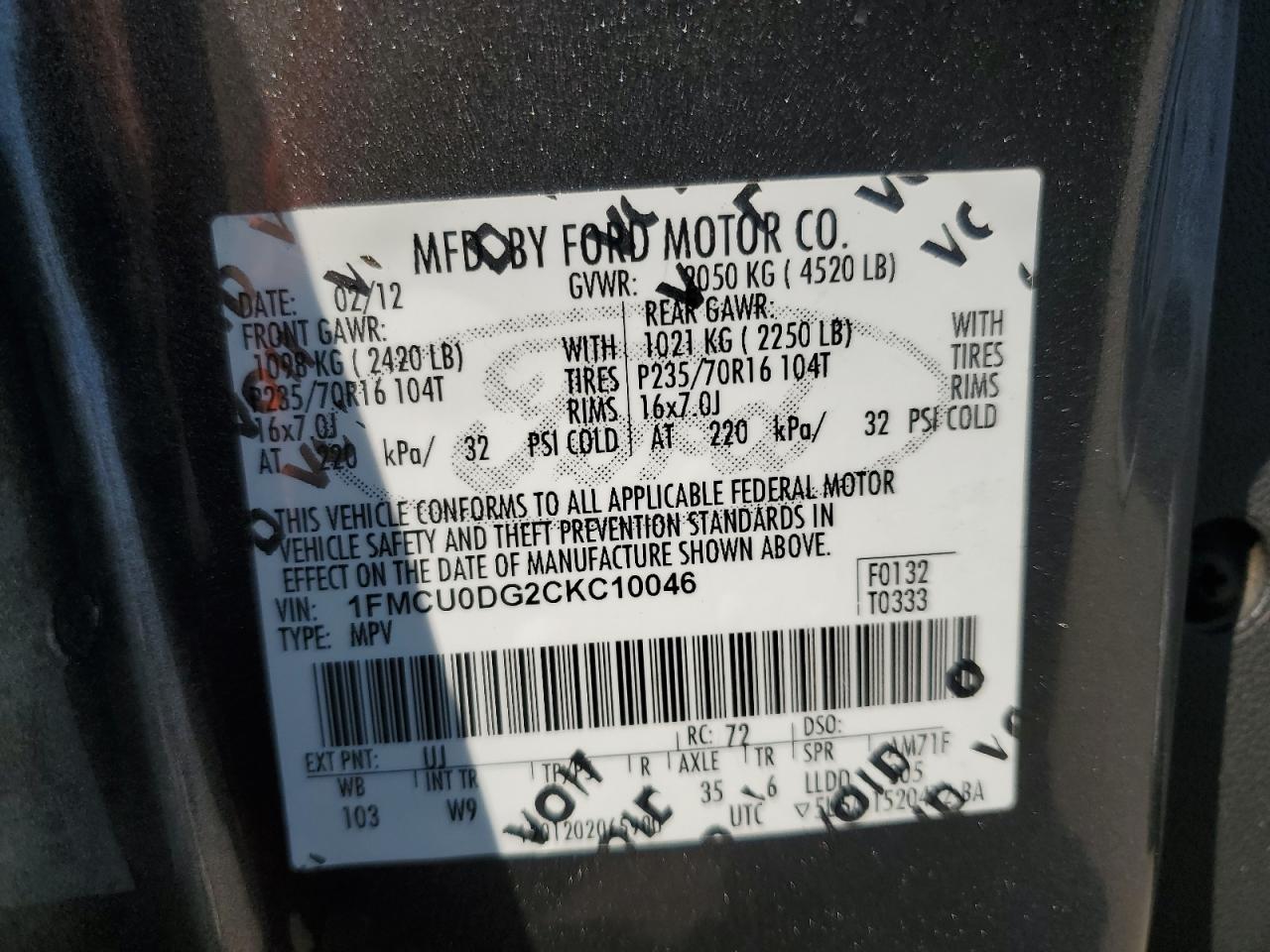 2012 Ford Escape VIN 1FMCU0DG2CKC10046 Copart auction photo, front end damage thumbnail 14