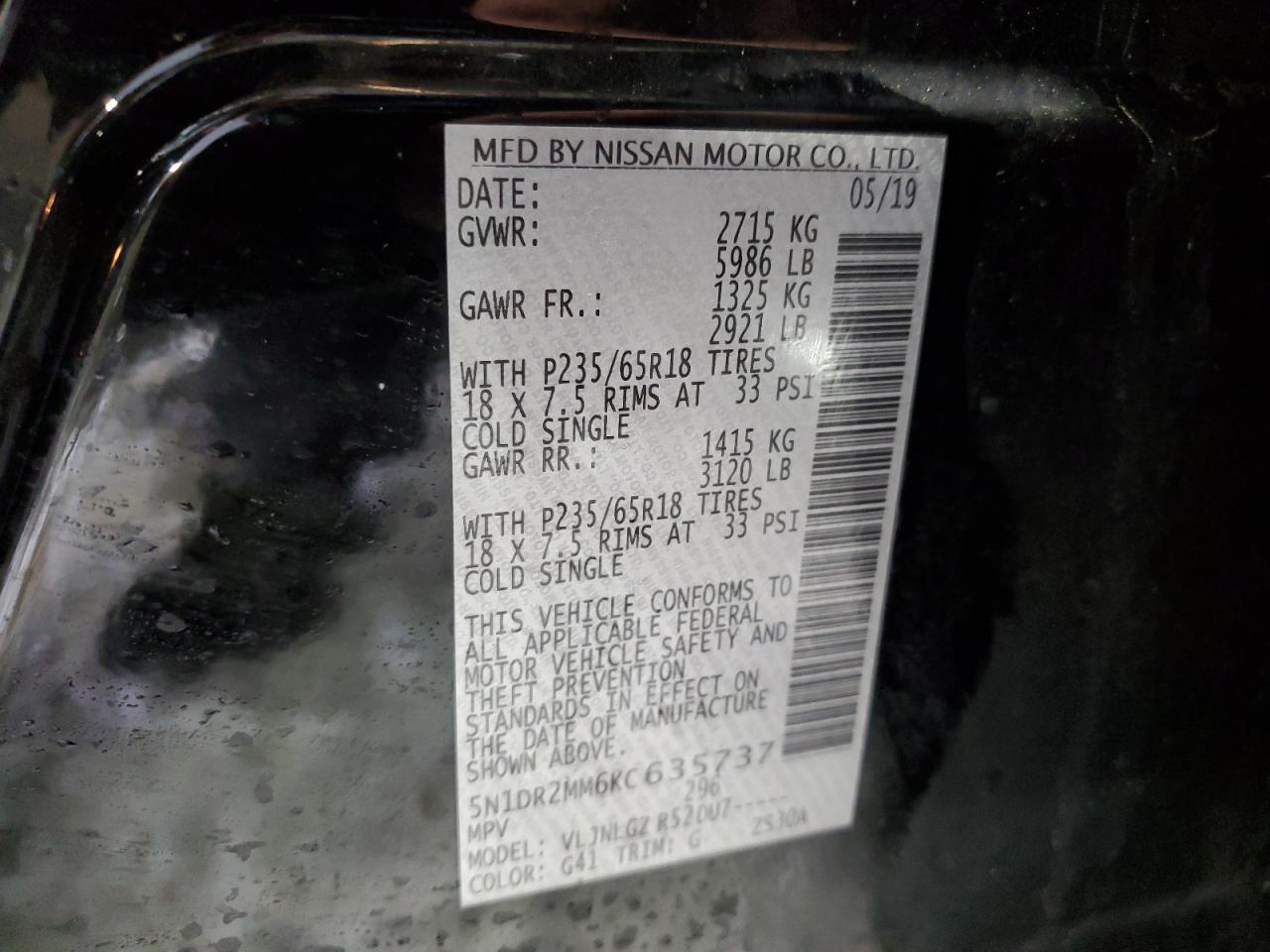 2019 Nissan Pathfinder VIN 5N1DR2MM6KC635737 Copart auction photo, front end / rear end damage thumbnail 15