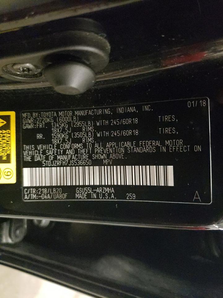 2018 Toyota Highlander VIN 5TDJZRFH7JS536650 Copart auction photo, front end damage thumbnail 15