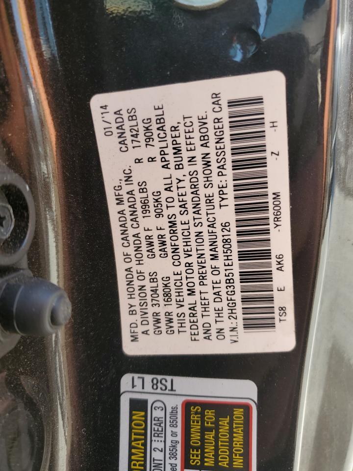 2014 Honda Civic VIN 2HGFG3B51EH508126 Copart auction photo, minor dent/scratches damage thumbnail 12