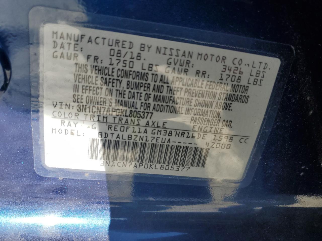 2019 Nissan Versa VIN 3N1CN7AP0KL805377 Copart auction photo, front end damage thumbnail 15
