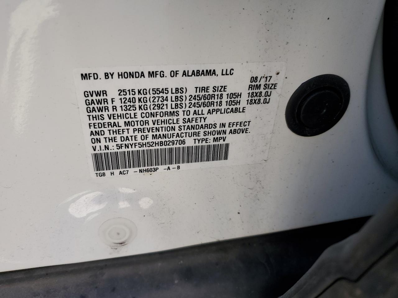 2017 Honda Pilot VIN 5FNYF5H52HB029706 Copart auction photo, front end / minor dent/scratches damage thumbnail 15