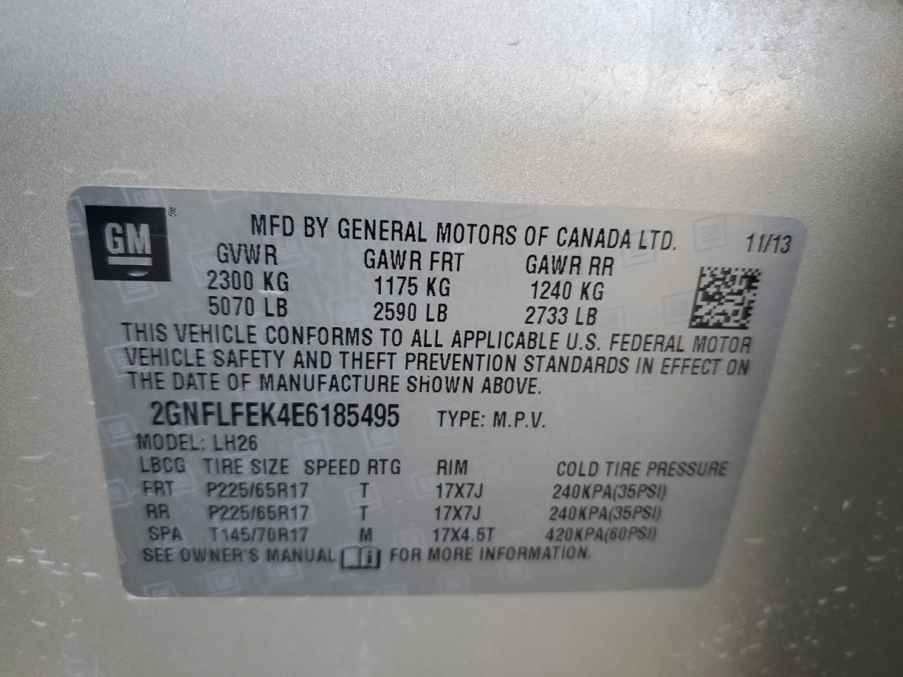 2014 Chevrolet Equinox VIN 2GNFLFEK4E6185495 Copart auction photo, front end / side damage thumbnail 13