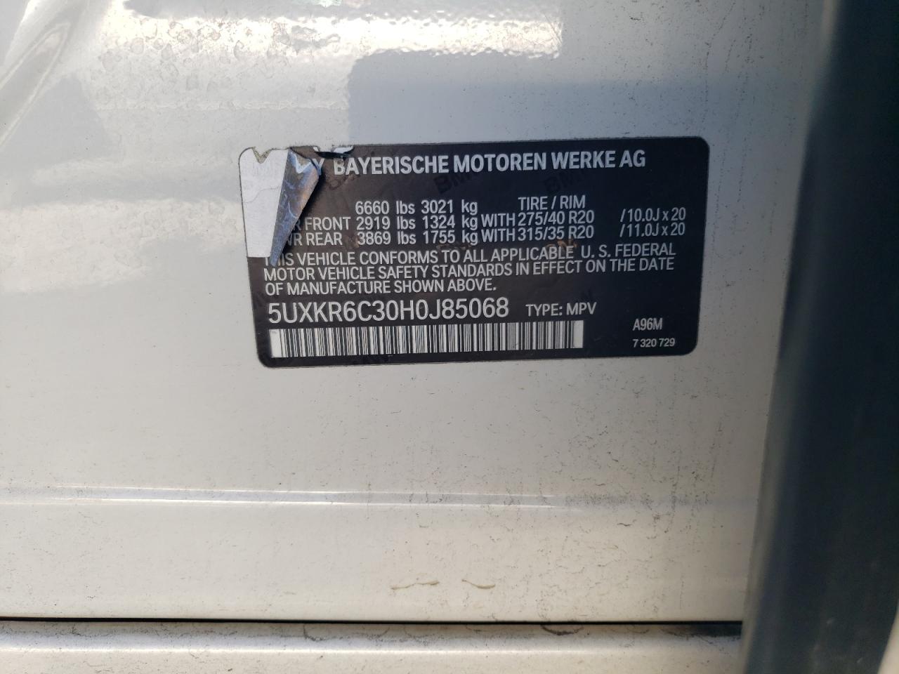 2017 BMW X5 VIN 5UXKR6C30H0J85068 Copart auction photo, side / mechanical damage thumbnail 13