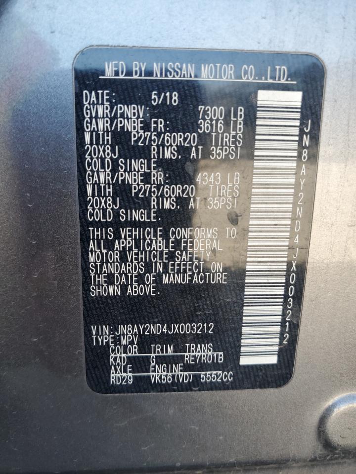 2018 Nissan Armada VIN JN8AY2ND4JX003212 Copart auction photo, front end / minor dent/scratches damage thumbnail 14