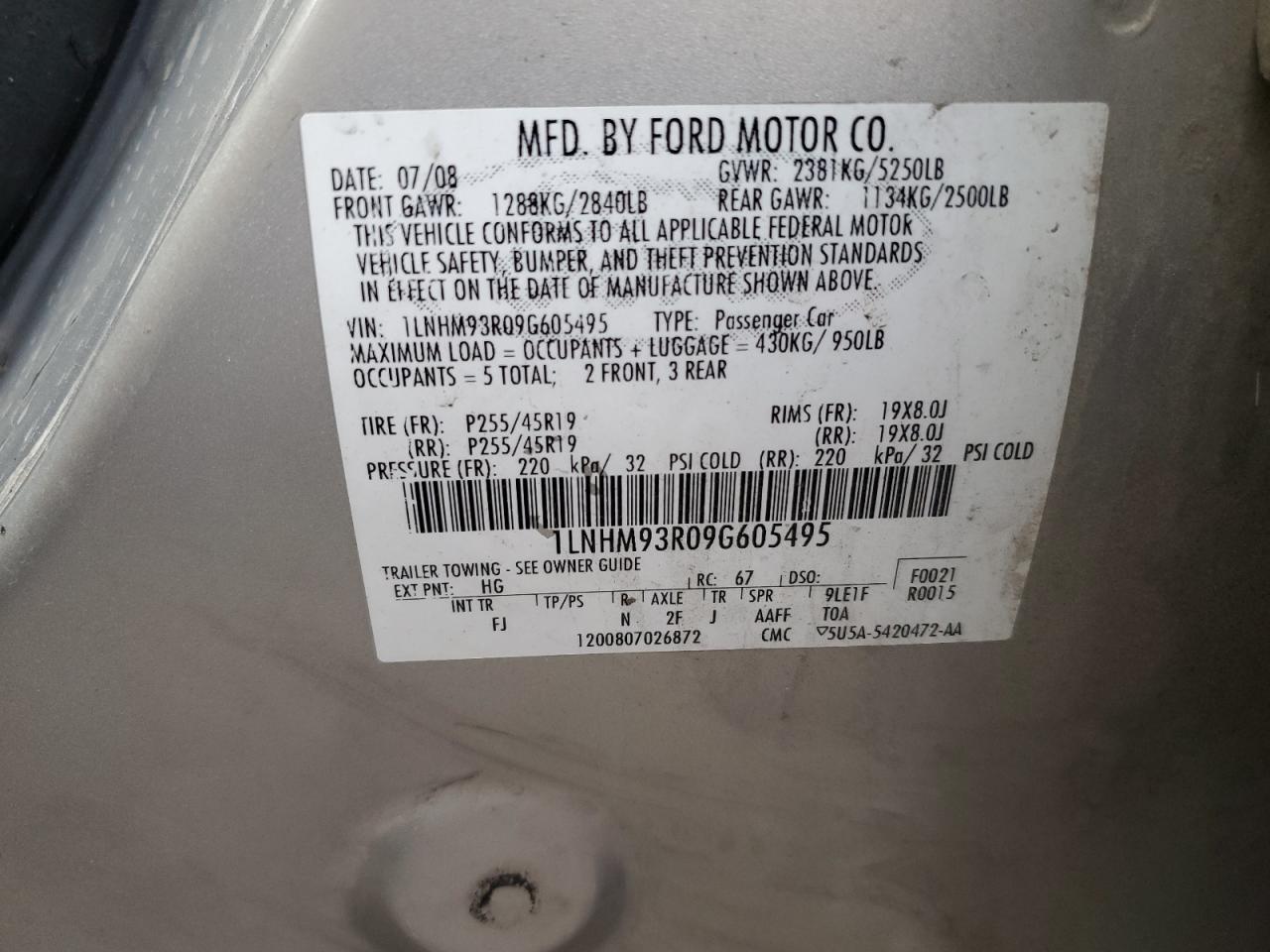 2009 Lincoln MKS VIN 1LNHM93R09G605495 Copart auction photo, rollover damage thumbnail 12