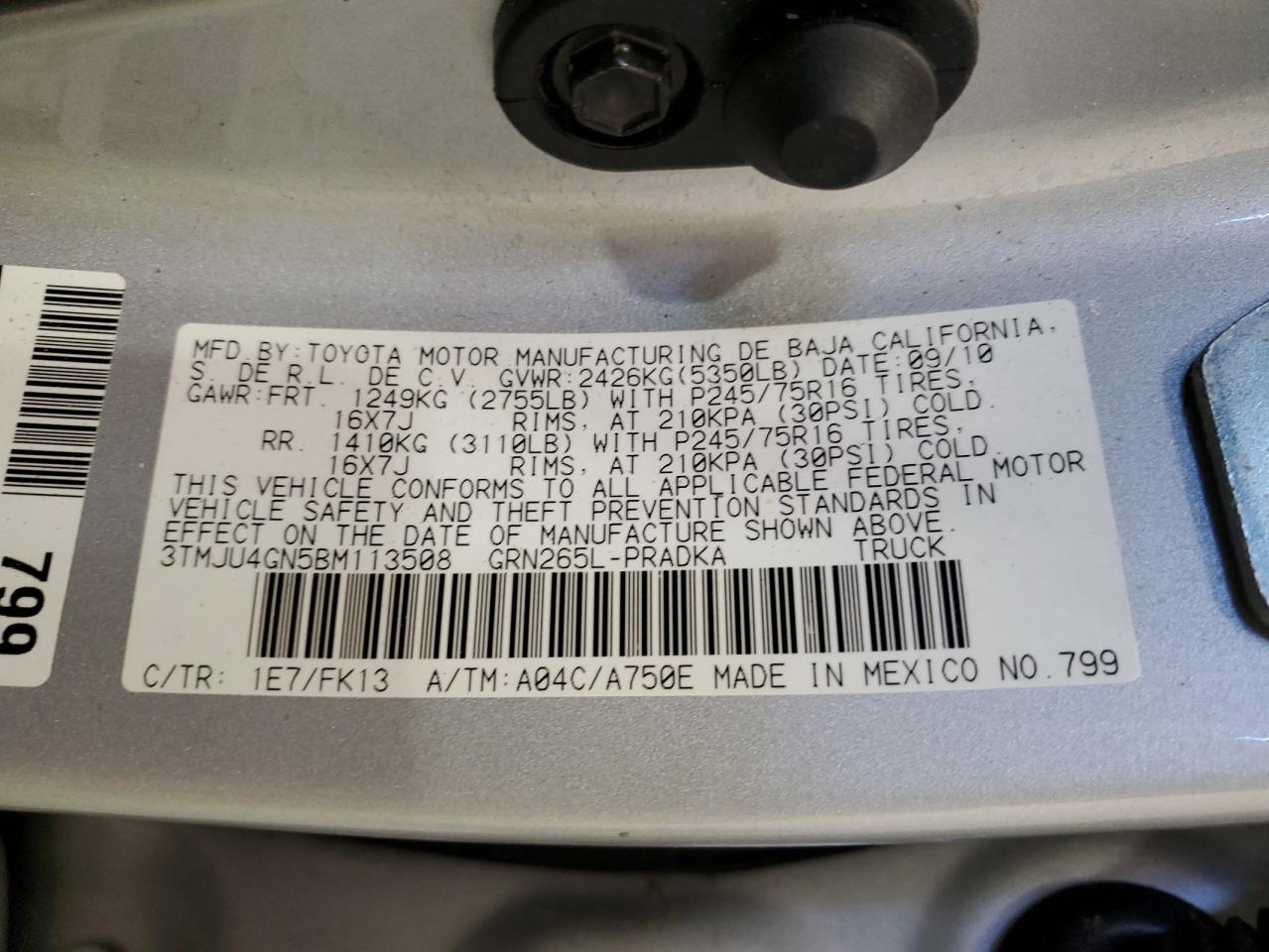 2011 Toyota Tacoma VIN 3TMJU4GN5BM113508 Copart auction photo, front end / undercarriage damage thumbnail 14
