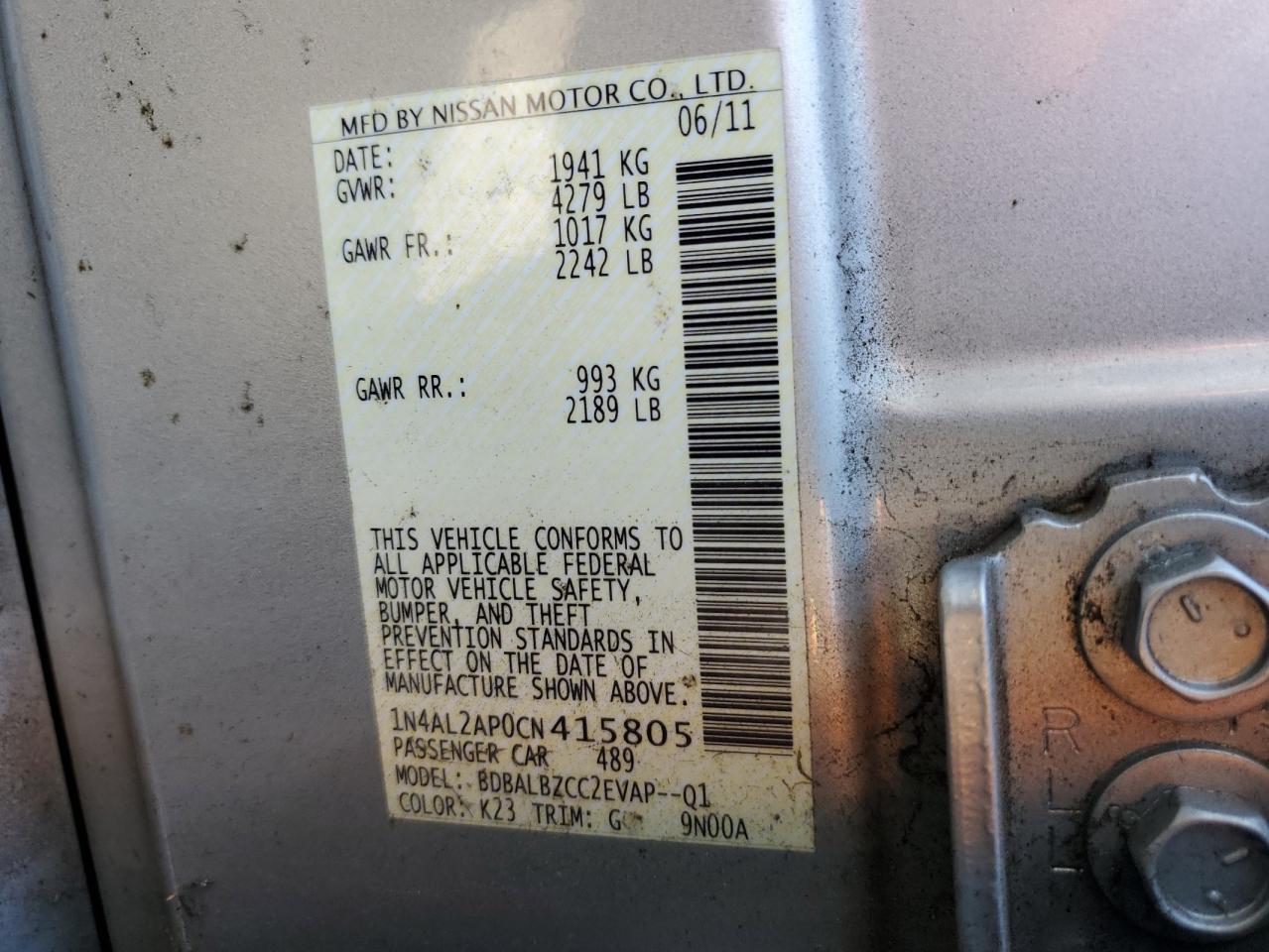 2012 Nissan Altima VIN 1N4AL2AP0CN415805 Copart auction photo, front end / rear end damage thumbnail 12