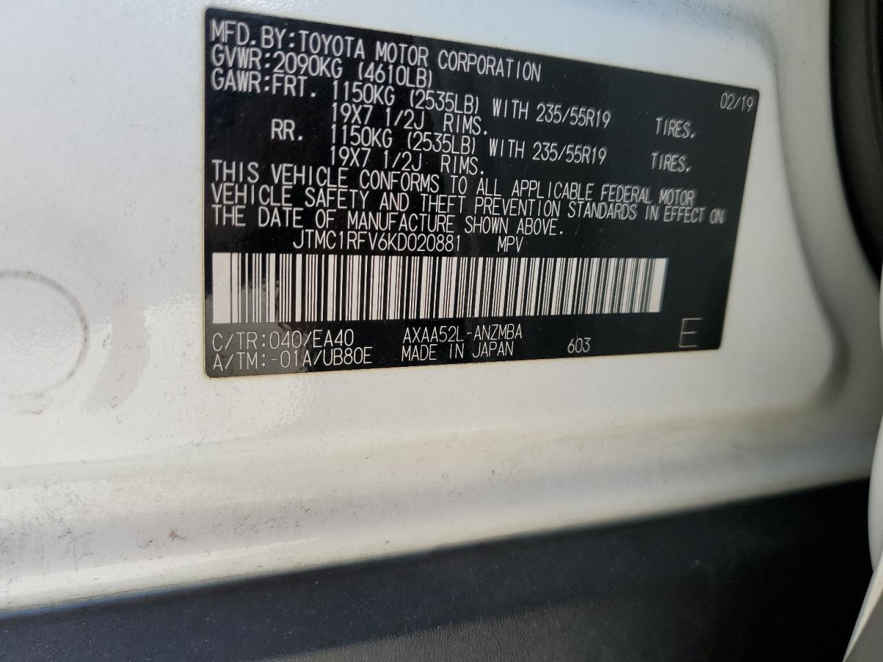 2019 Toyota RAV 4 VIN JTMC1RFV6KD020881 Copart auction photo, front end / minor dent/scratches damage thumbnail 14
