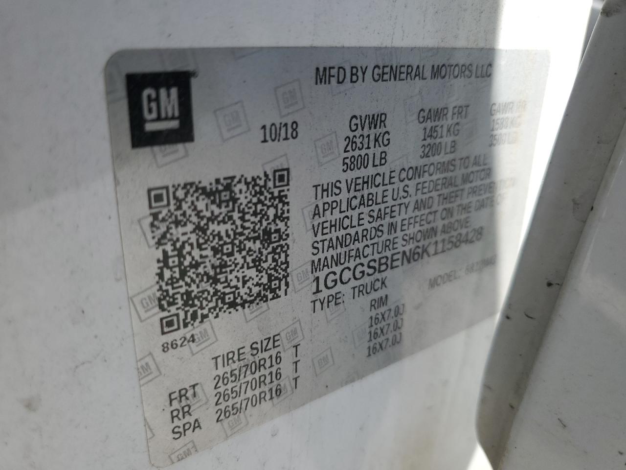 2019 Chevrolet Colorado VIN 1GCGSBEN6K1158428 Copart auction photo, all over damage thumbnail 13