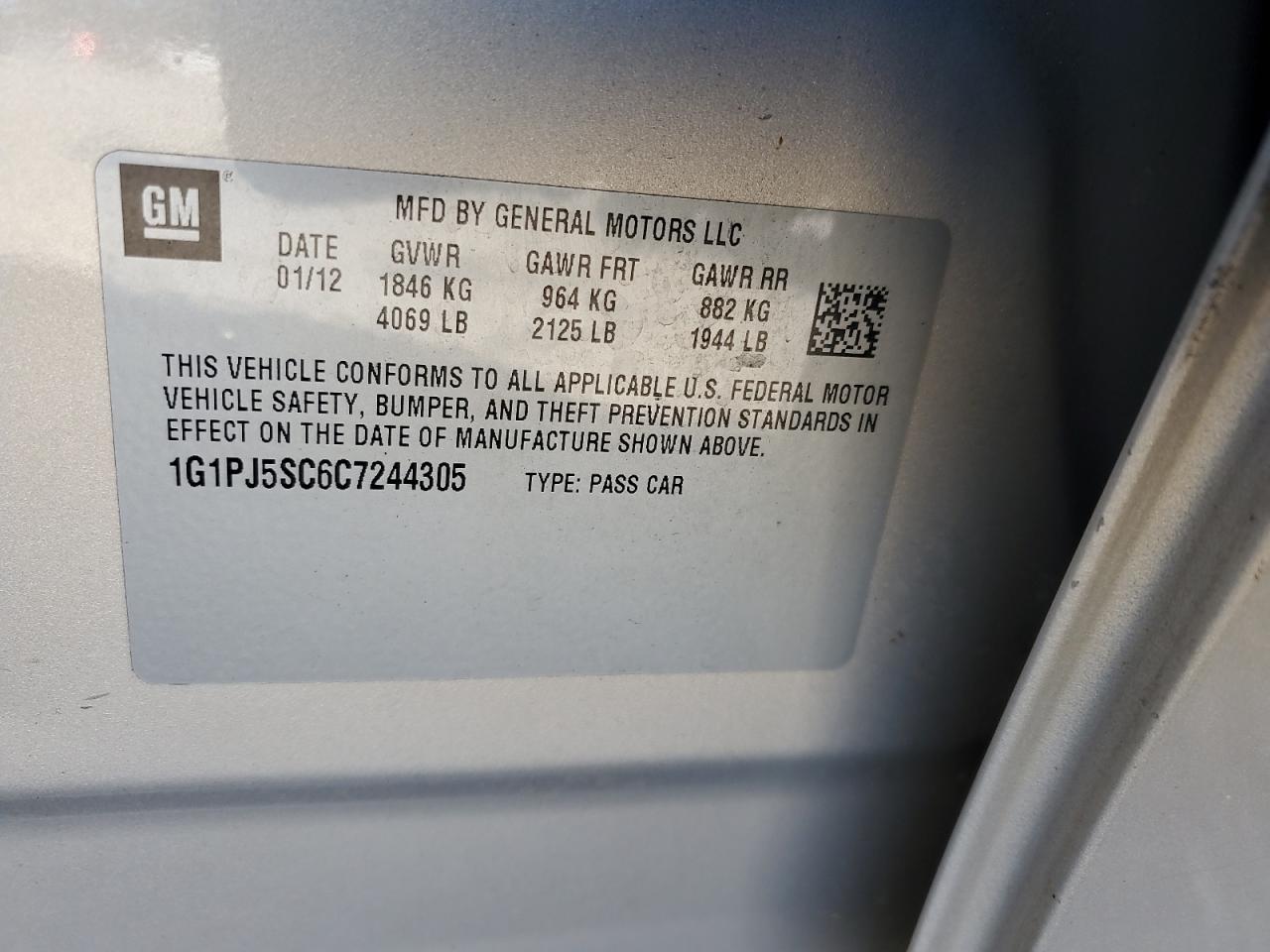 2012 Chevrolet Cruze VIN 1G1PJ5SC6C7244305 Copart auction photo, front end / mechanical damage thumbnail 12