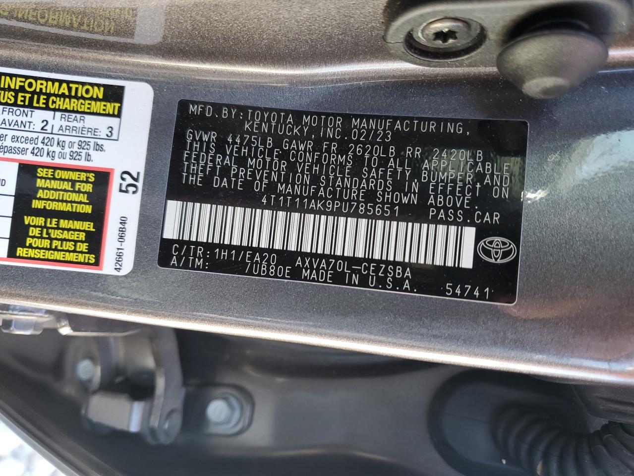 2023 Toyota Camry VIN 4T1T11AK9PU785651 Copart auction photo, front end / rear end damage thumbnail 12