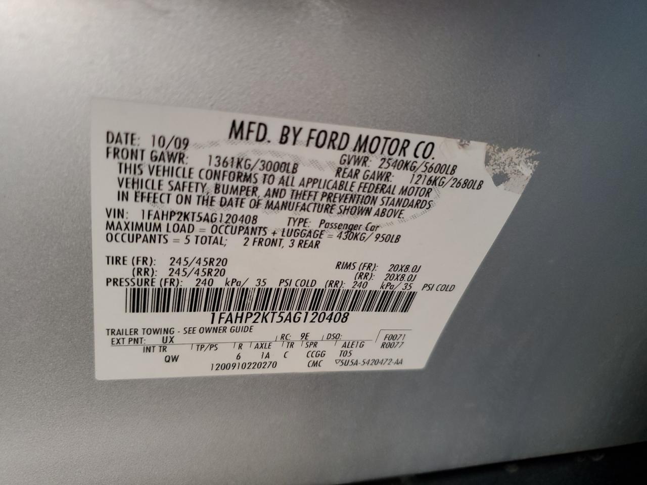 2010 Ford Taurus VIN 1FAHP2KT5AG120408 Copart auction photo, side / front end damage thumbnail 12