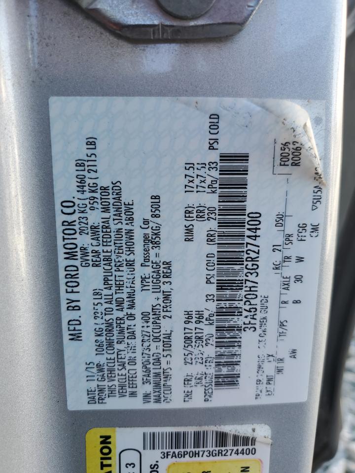 2016 Ford Fusion VIN 3FA6P0H73GR274400 Copart auction photo, rear end / top/roof damage thumbnail 14