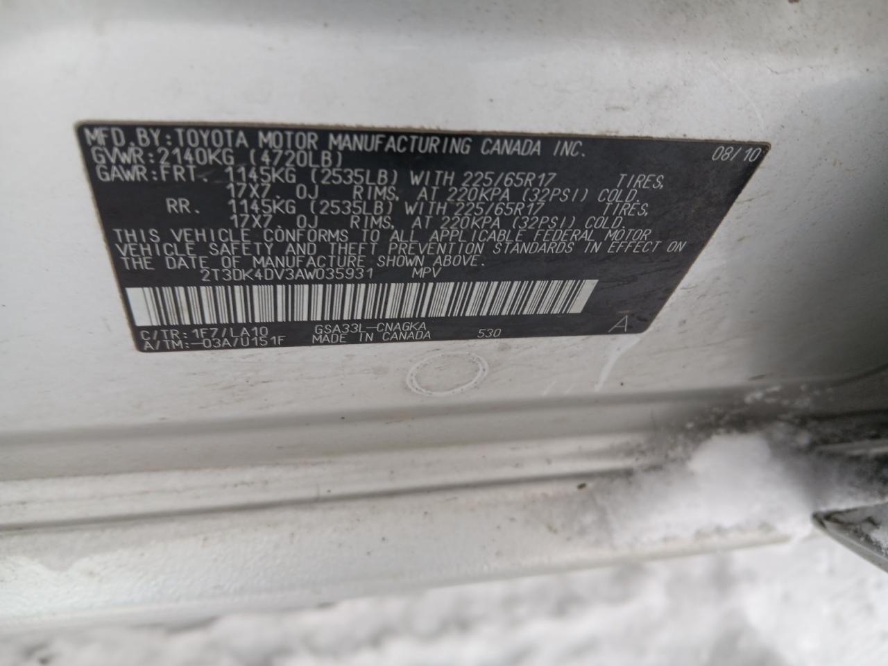 2010 Toyota RAV 4 VIN 2T3DK4DV3AW035931 Copart auction photo, front end damage thumbnail 12