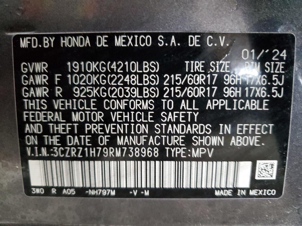 2024 Honda HR-V VIN 3CZRZ1H79RM738968 Copart auction photo, front end / side damage thumbnail 16