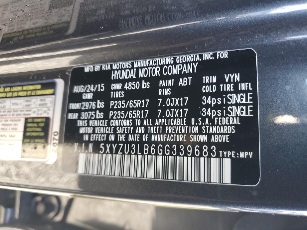 2016 Hyundai Santa Fe VIN 5XYZU3LB6GG339683 Copart auction photo, front end / side damage thumbnail 13