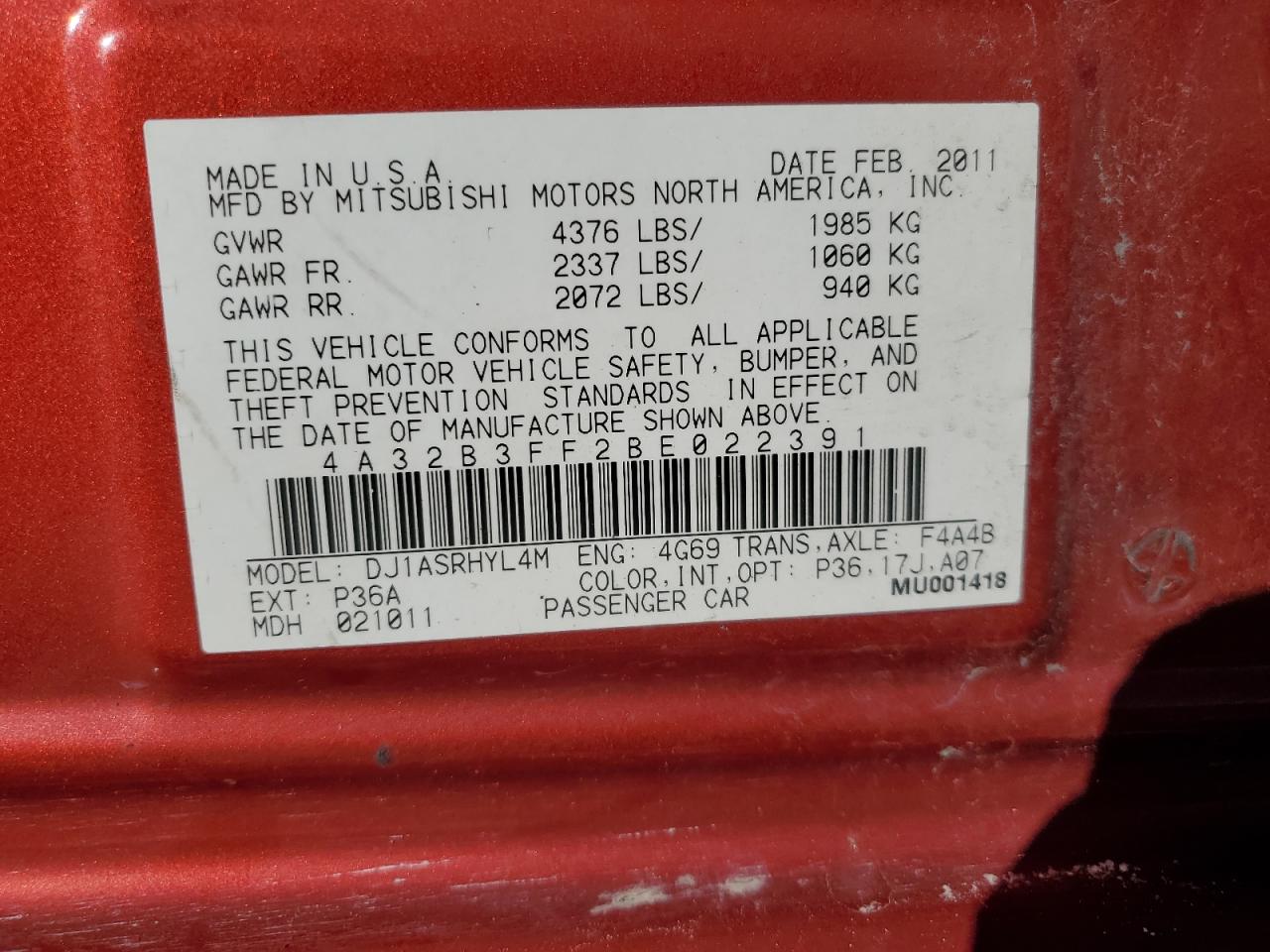 2011 Mitsubishi Galant VIN 4A32B3FF2BE022391 Copart auction photo, all over / undercarriage damage thumbnail 13