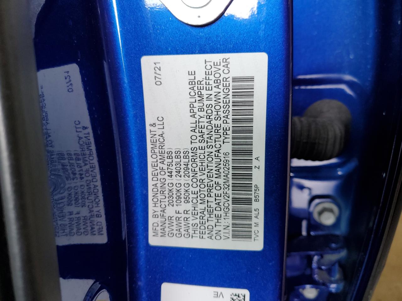2021 Honda Accord VIN 1HGCV2F32MA025916 Copart auction photo, front end / rear end damage thumbnail 12