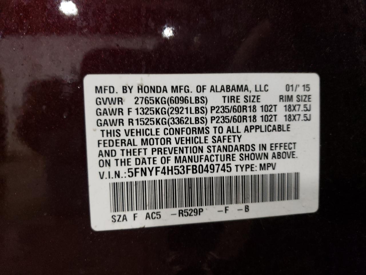 2015 Honda Pilot VIN 5FNYF4H53FB049745 Copart auction photo, front end damage thumbnail 13