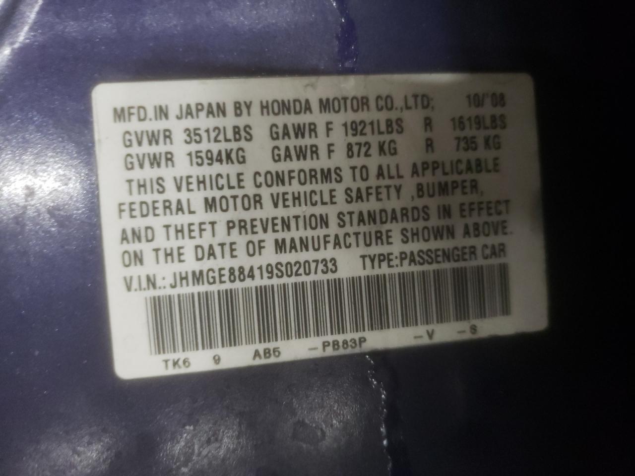 2009 Honda Fit VIN JHMGE88419S020733 Copart auction photo, side damage thumbnail 12
